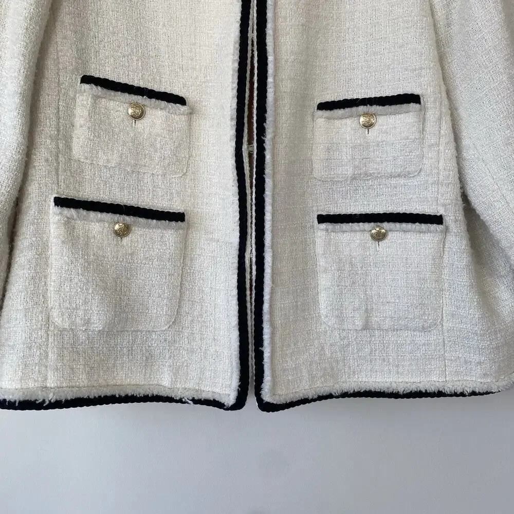 J. Crew Frances Lady Jacket in Ivory Tweed with Black Trim Gold Buttons SZ 22